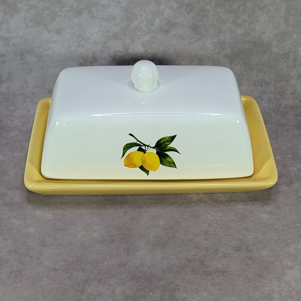 Ceramic Lemon Pattern Covered Butter Dish Yellow Base Lid Farmhouse 8" CHIPPED